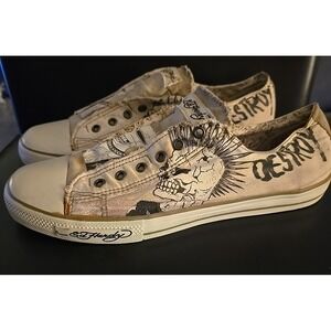 Don Ed Hardy Sz 13 White Slip-On‎ Laceless Low rise Tennis Shoes Skull Destroy